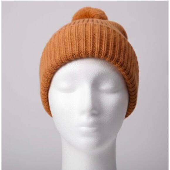 LUXTON Women's Ribbed Cashmere Wool Pom Pom Beanie Hat NIB 220 Camel One Size - Picture 2 of 11
